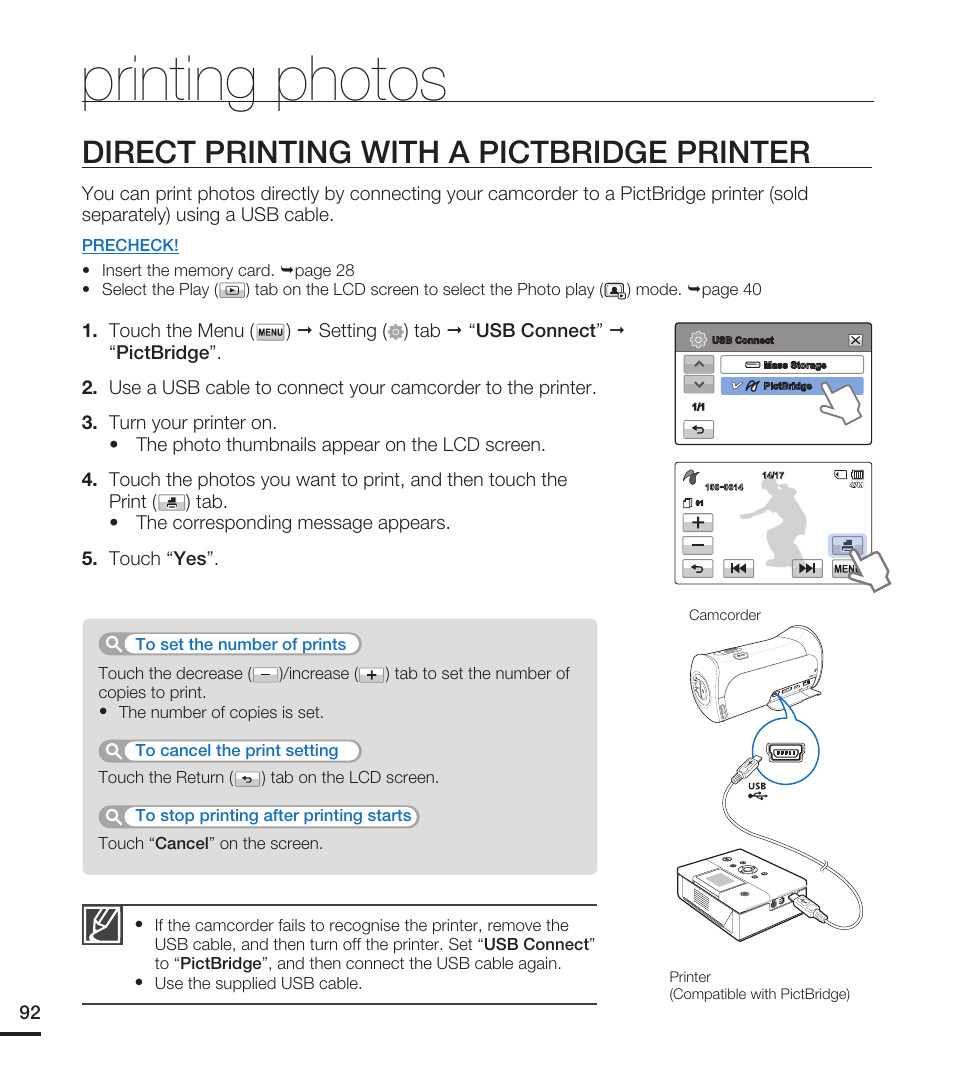 Printing photos, Direct printing with a pictbridge printer | Samsung HMX-T10ON-XAA User Manual | Page 98 / 123