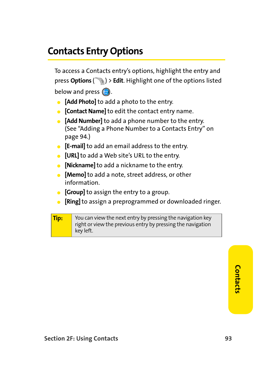 Contacts entry options, Co n ta ct s | Samsung SPH-A960TSSXAR User Manual | Page 117 / 272