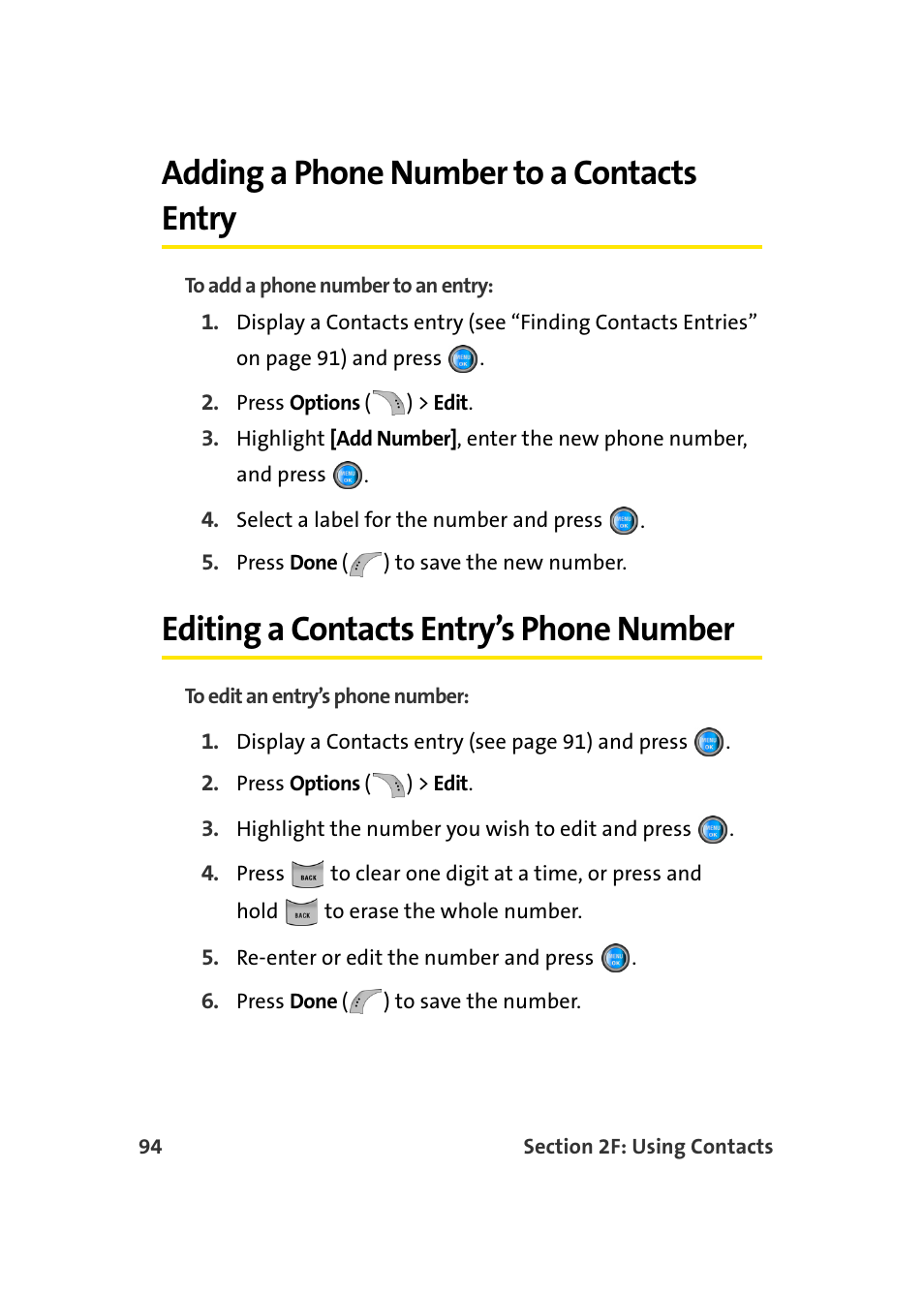 Adding a phone number to a contacts entry, Editing a contacts entry’s phone number | Samsung SPH-A960TSSXAR User Manual | Page 118 / 272