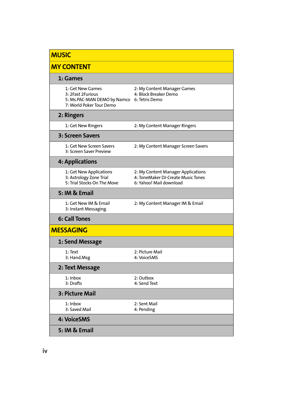 Music my content, Messaging, Games | Ringers, Screen savers, Applications, Im & email, Call tones, Send message, Text message | Samsung SPH-A960TSSXAR User Manual | Page 12 / 272