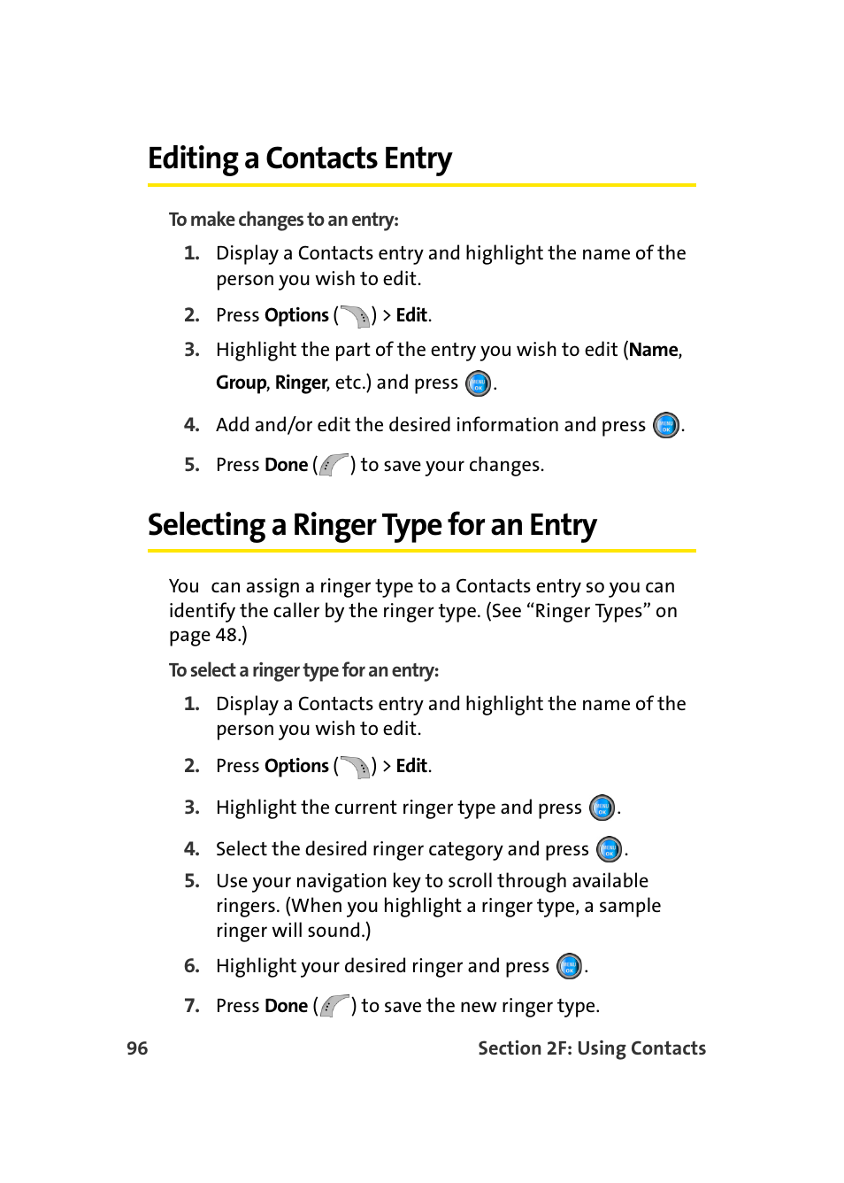Editing a contacts entry, Selecting a ringer type for an entry | Samsung SPH-A960TSSXAR User Manual | Page 120 / 272