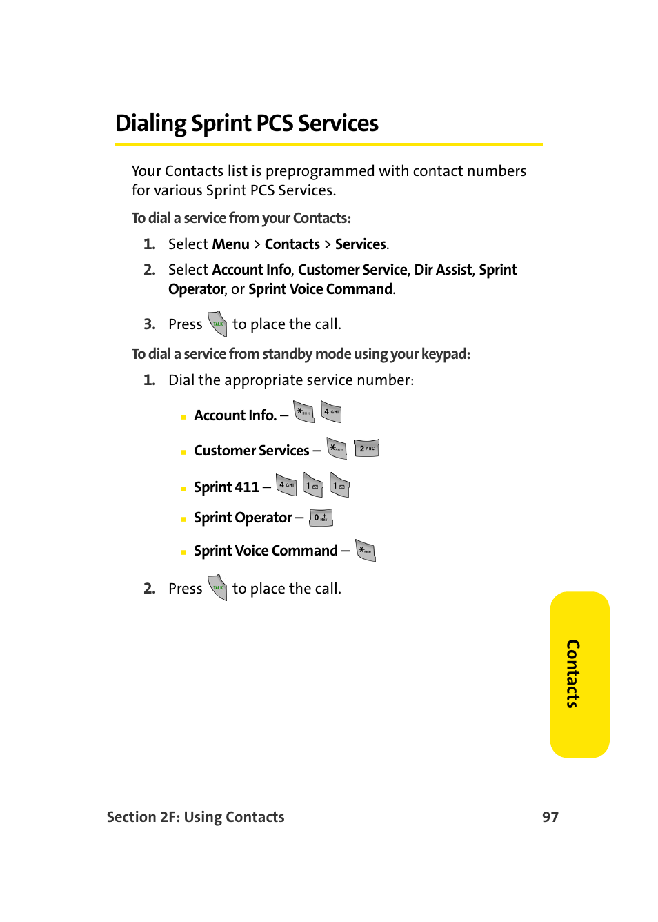 Dialing sprint pcs services, Co n ta ct s | Samsung SPH-A960TSSXAR User Manual | Page 121 / 272