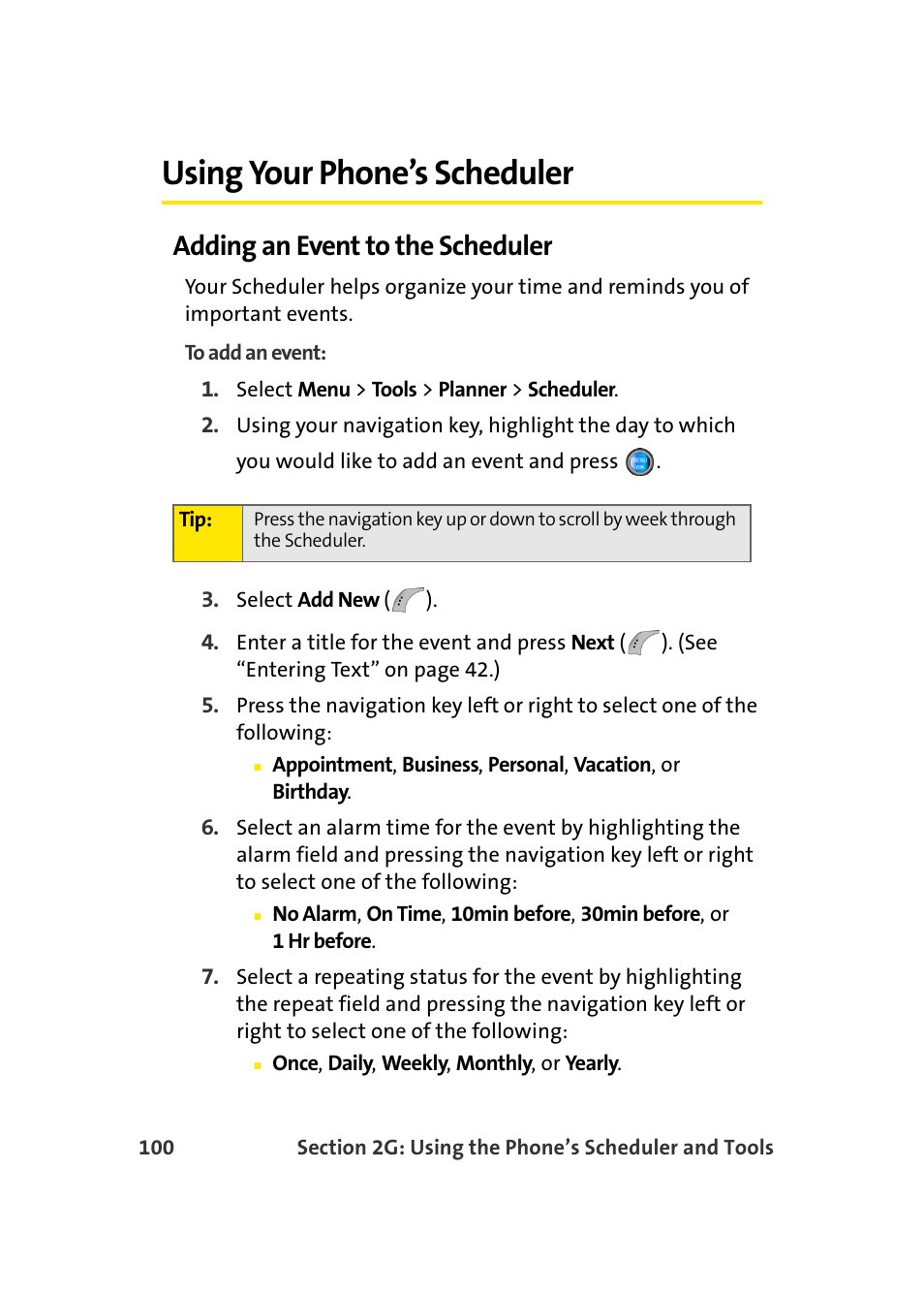 Using your phone’s scheduler, Adding an event to the scheduler | Samsung SPH-A960TSSXAR User Manual | Page 124 / 272