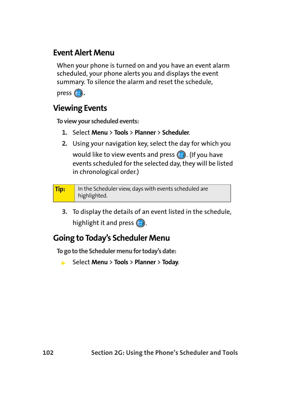 Event alert menu, Viewing events, Going to today’s scheduler menu | Samsung SPH-A960TSSXAR User Manual | Page 126 / 272