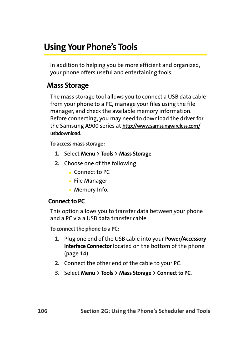 Using your phone’s tools, Mass storage | Samsung SPH-A960TSSXAR User Manual | Page 130 / 272