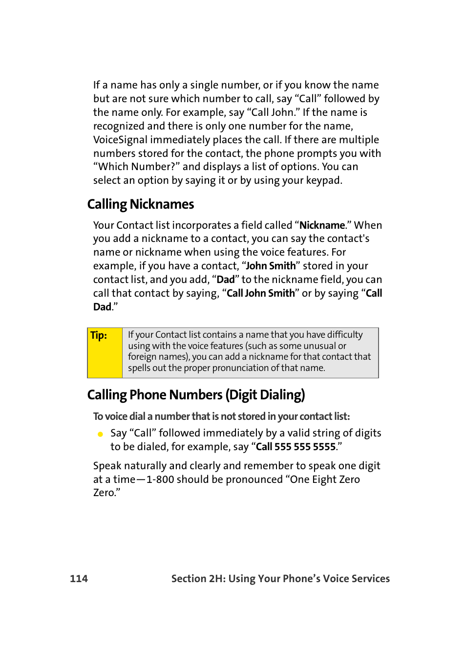 Calling nicknames, Calling phone numbers (digit dialing) | Samsung SPH-A960TSSXAR User Manual | Page 138 / 272