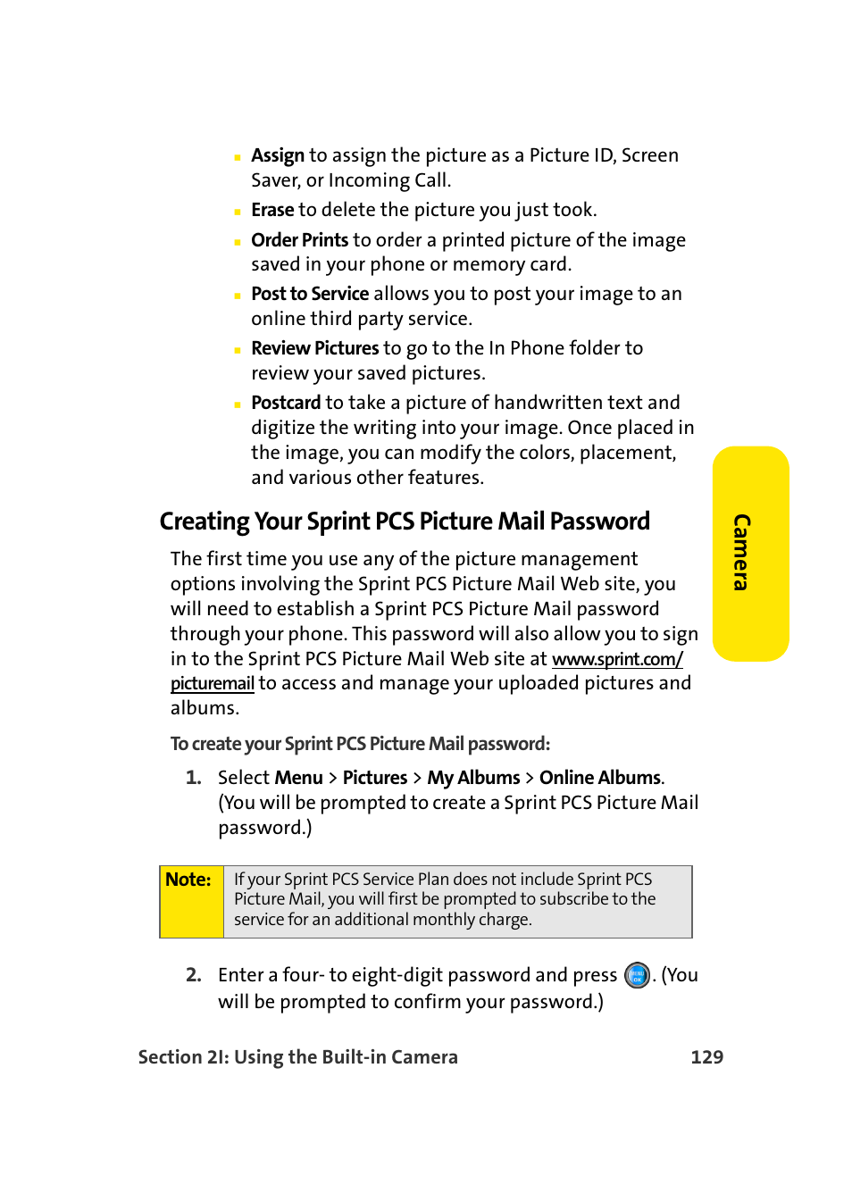Creating your sprint pcs picture mail password, Ca m e ra | Samsung SPH-A960TSSXAR User Manual | Page 153 / 272