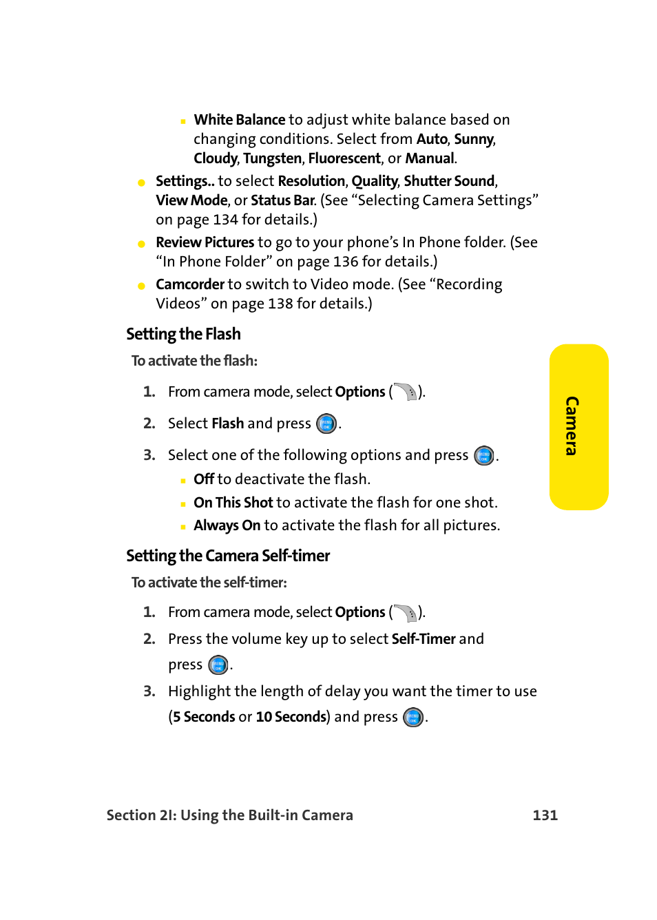 Ca m e ra, Setting the flash, Setting the camera self-timer | Samsung SPH-A960TSSXAR User Manual | Page 155 / 272