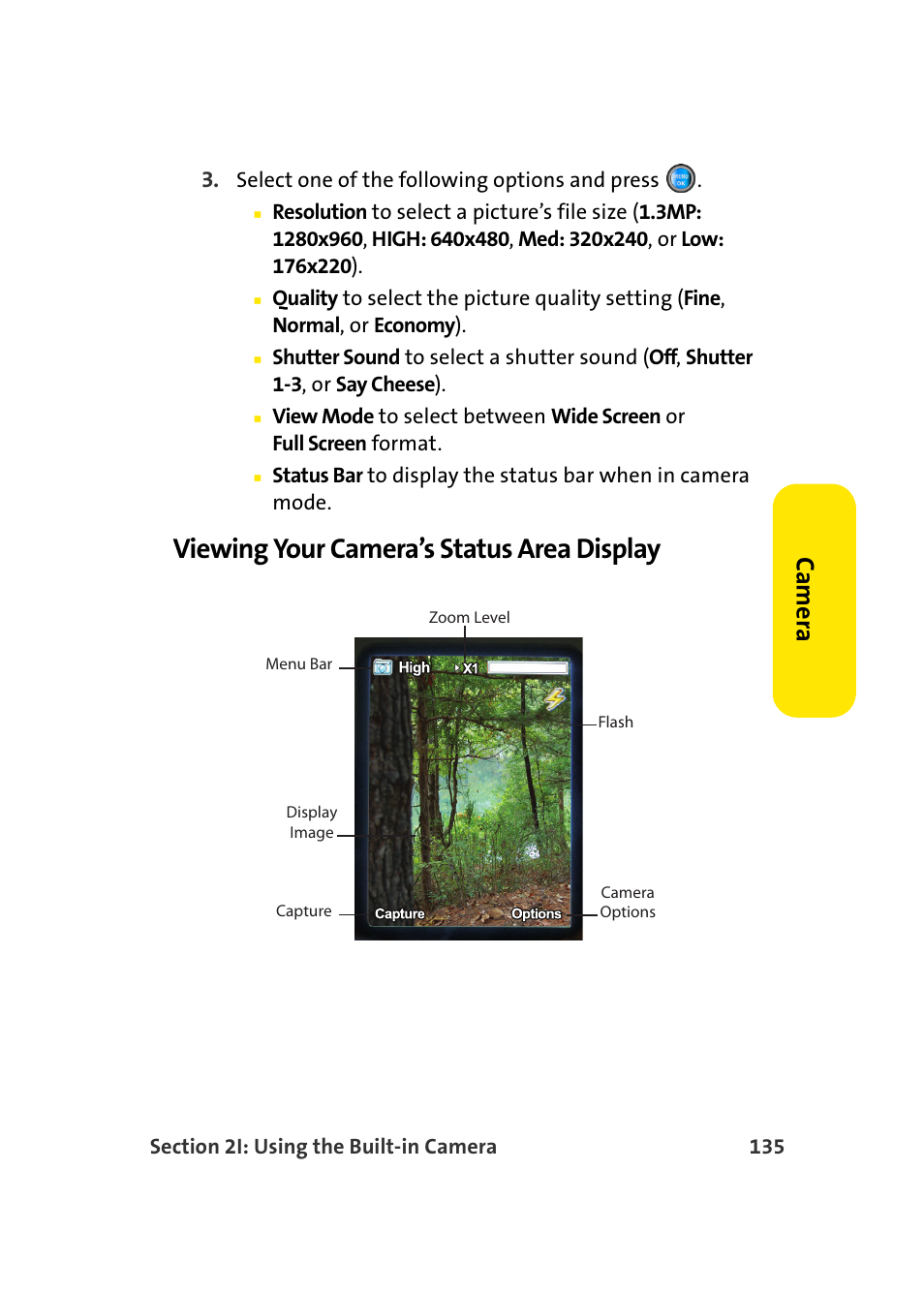 Viewing your camera’s status area display, Ca m e ra | Samsung SPH-A960TSSXAR User Manual | Page 159 / 272