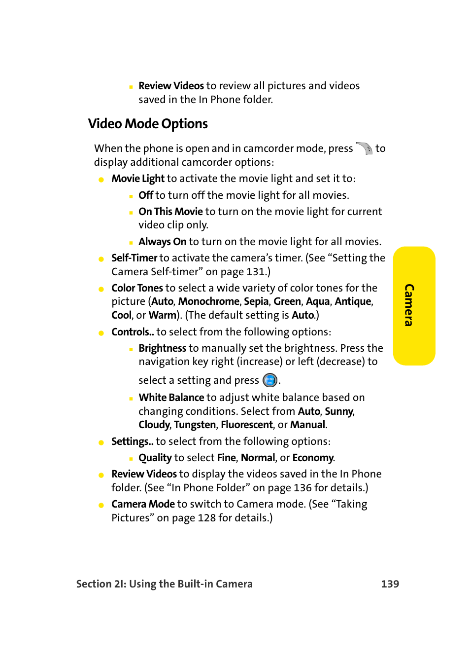 Video mode options, Ca m e ra | Samsung SPH-A960TSSXAR User Manual | Page 163 / 272