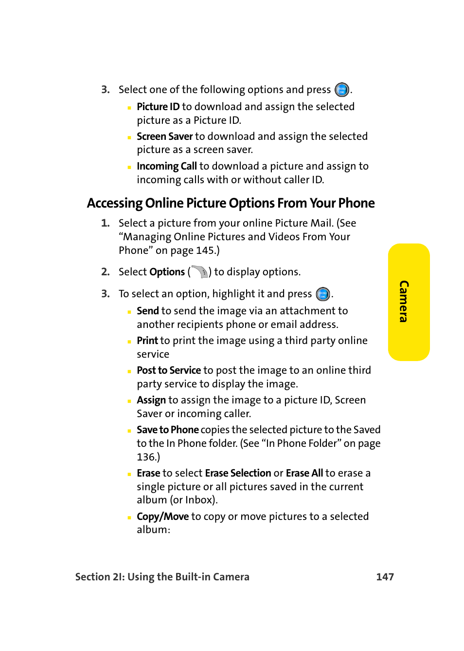 Accessing online picture options from your phone, Ca m e ra | Samsung SPH-A960TSSXAR User Manual | Page 171 / 272