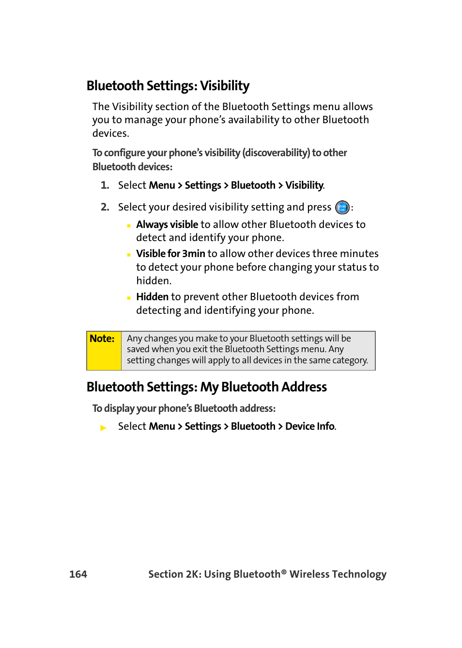 Bluetooth settings: visibility, Bluetooth settings: my bluetooth address | Samsung SPH-A960TSSXAR User Manual | Page 188 / 272