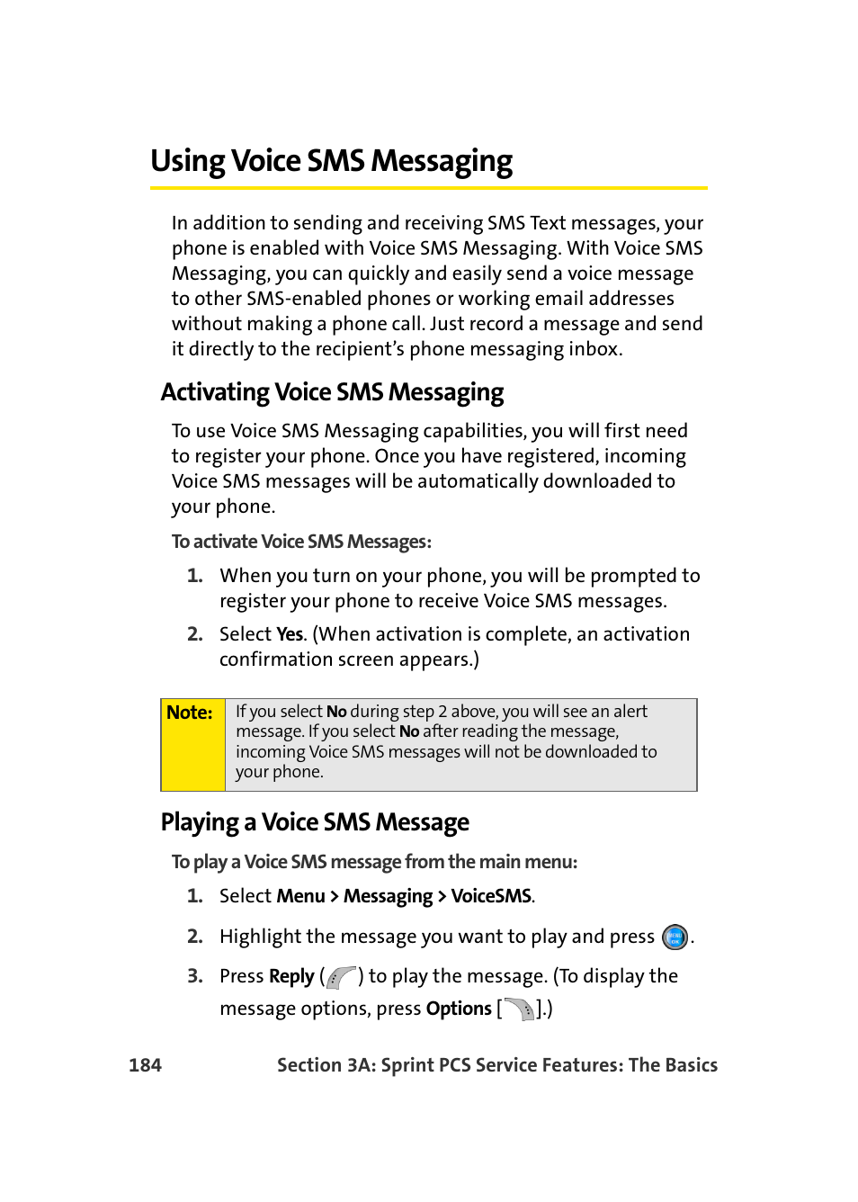 Using voice sms messaging, Activating voice sms messaging, Playing a voice sms message | Samsung SPH-A960TSSXAR User Manual | Page 208 / 272