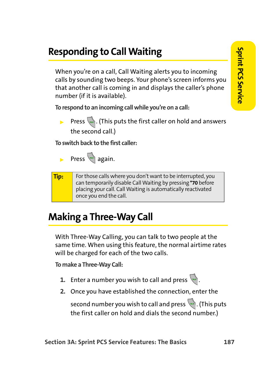 Responding to call waiting, Making a three-way call | Samsung SPH-A960TSSXAR User Manual | Page 211 / 272