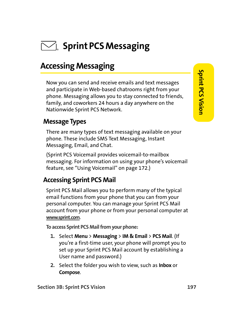 Accessing messaging, Message types, Accessing sprint pcs mail | Sprint pcs messaging | Samsung SPH-A960TSSXAR User Manual | Page 221 / 272