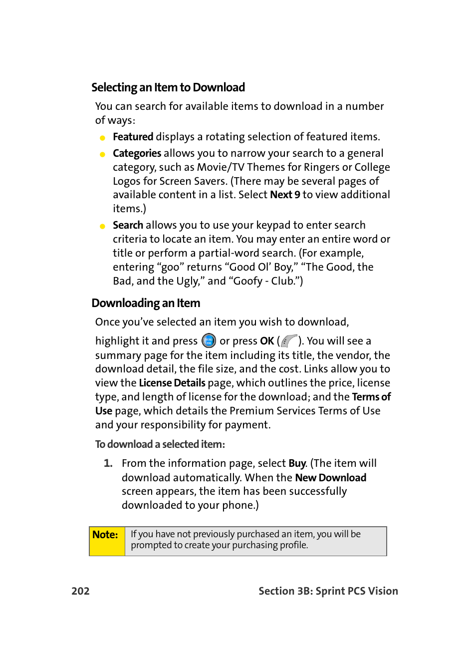 Selecting an item to download, Downloading an item | Samsung SPH-A960TSSXAR User Manual | Page 226 / 272