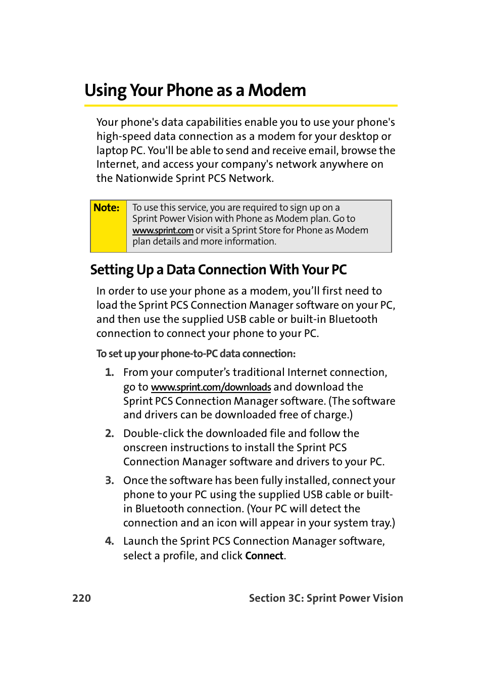 Using your phone as a modem, Setting up a data connection with your pc | Samsung SPH-A960TSSXAR User Manual | Page 244 / 272