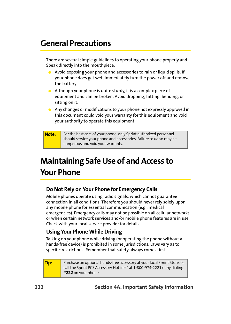 General precautions, Maintaining safe use of and access to your phone, Do not rely on your phone for emergency calls | Using your phone while driving | Samsung SPH-A960TSSXAR User Manual | Page 256 / 272