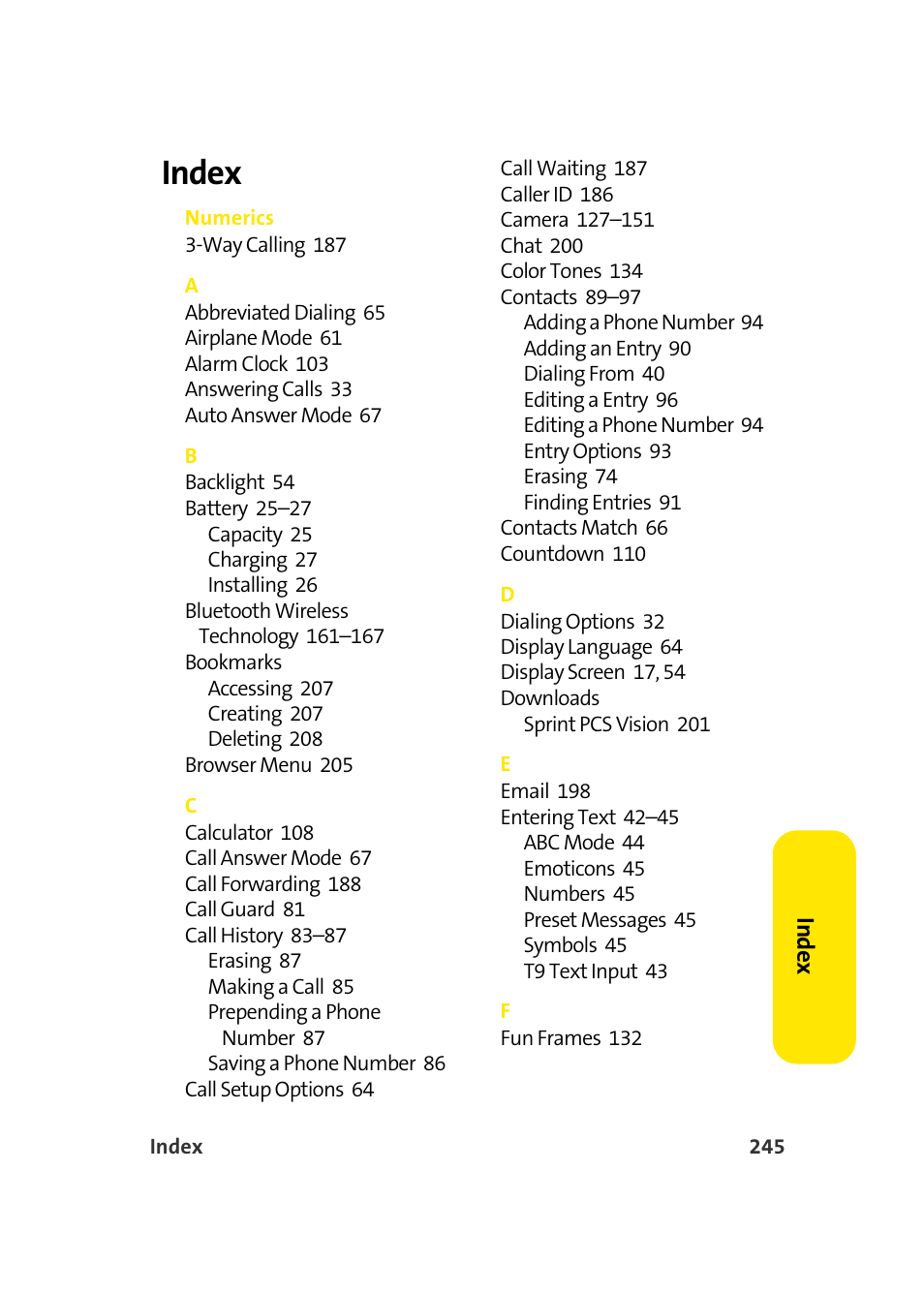 Index | Samsung SPH-A960TSSXAR User Manual | Page 269 / 272