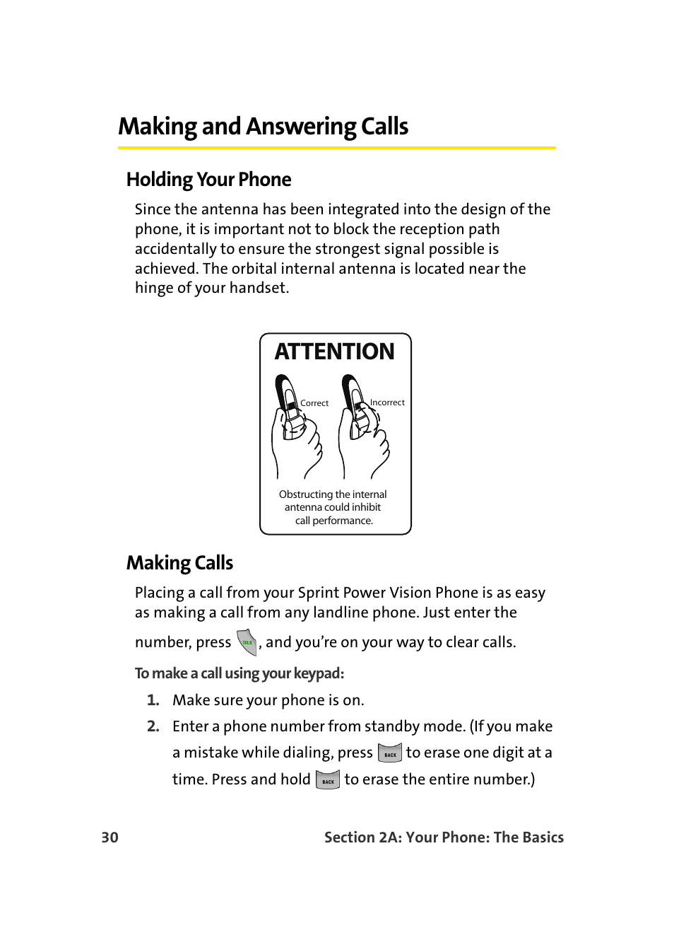 Making and answering calls, Holding your phone, Making calls | Attention | Samsung SPH-A960TSSXAR User Manual | Page 54 / 272