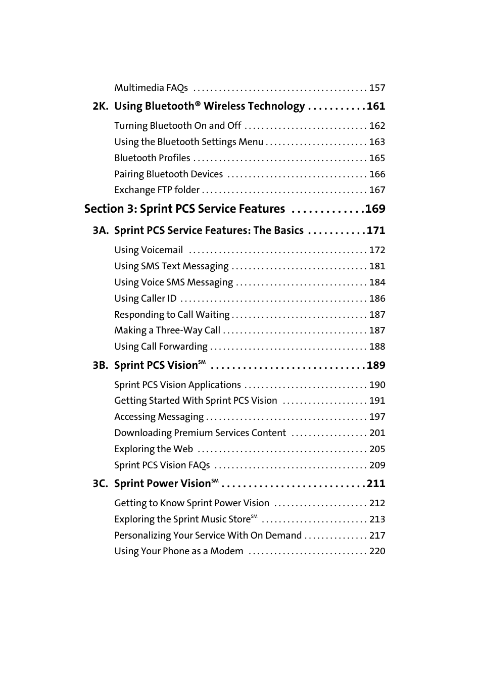 2k. using bluetooth® wireless technology 161, Section 3: sprint pcs service features 169, 3a. sprint pcs service features: the basics 171 | 3b. sprint pcs visionsm 189, 3c. sprint power visionsm 211 | Samsung SPH-A960TSSXAR User Manual | Page 6 / 272