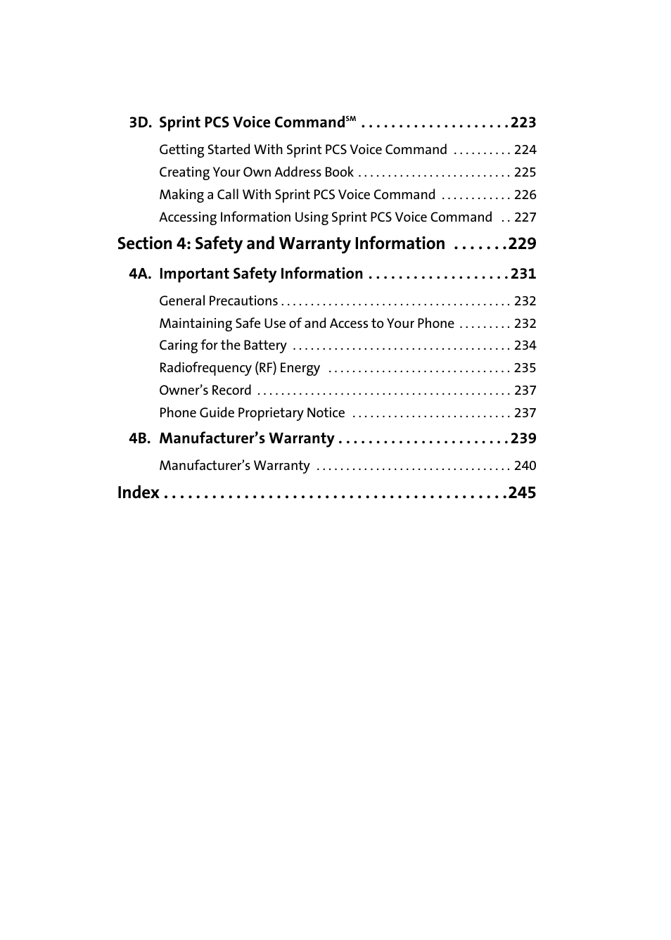 3d. sprint pcs voice commandsm 223, Section 4: safety and warranty information 229, 4a. important safety information 231 | 4b. manufacturer’s warranty 239, Index | Samsung SPH-A960TSSXAR User Manual | Page 7 / 272