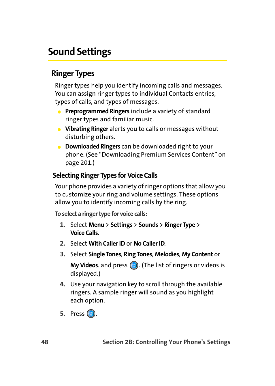 Sound settings, Ringer types | Samsung SPH-A960TSSXAR User Manual | Page 72 / 272