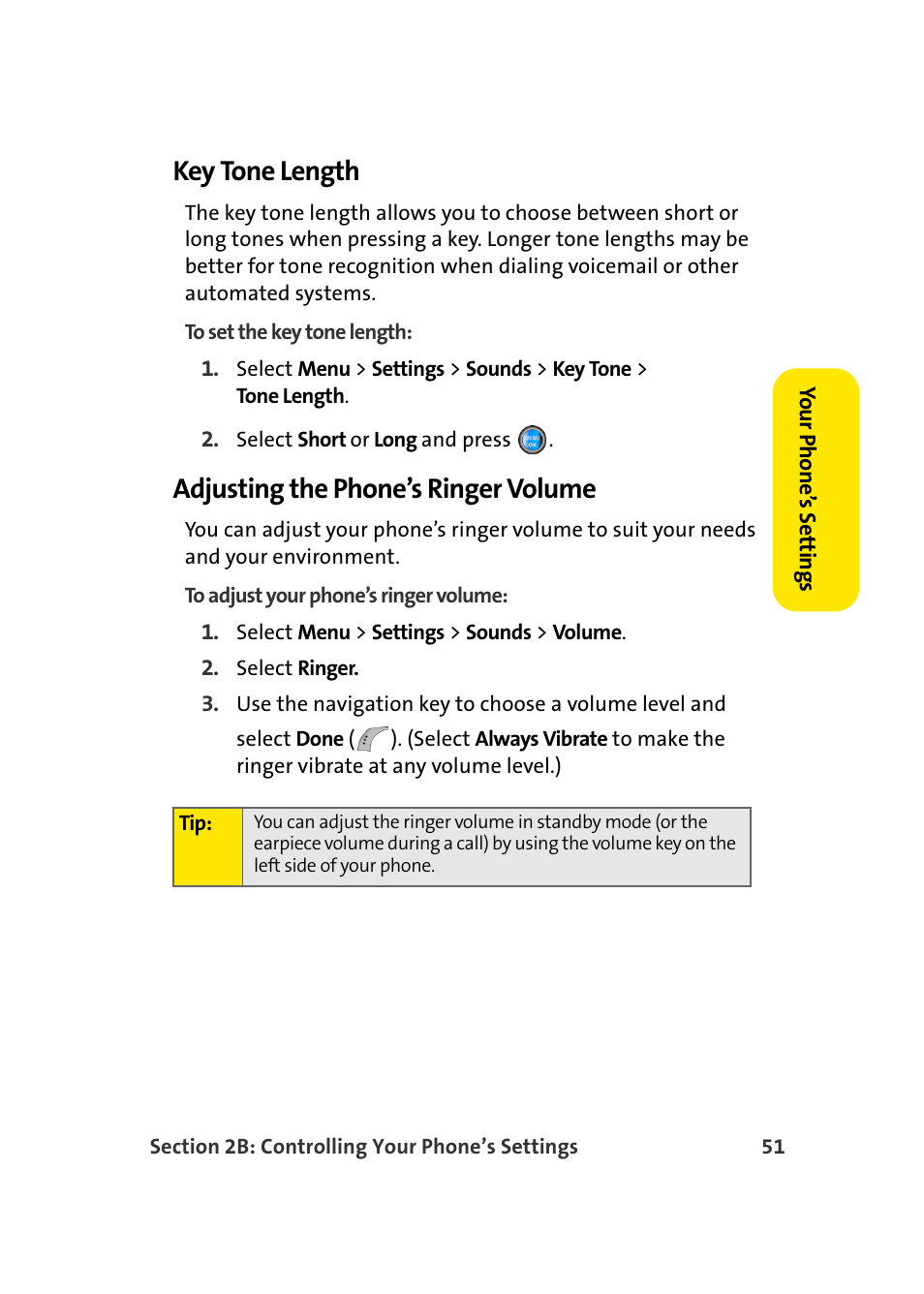 Key tone length, Adjusting the phone’s ringer volume | Samsung SPH-A960TSSXAR User Manual | Page 75 / 272