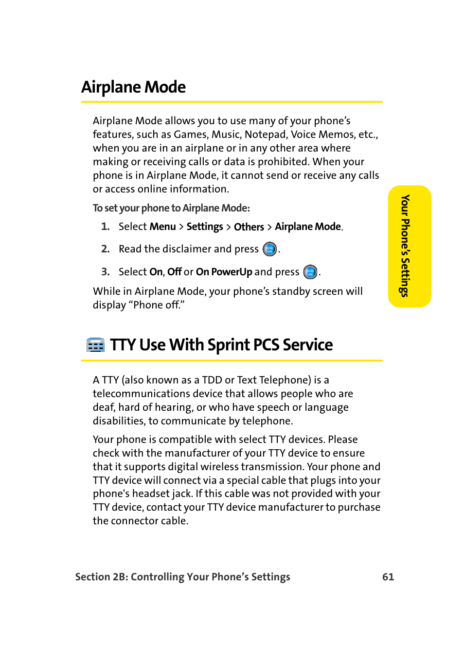Airplane mode, Tty use with sprint pcs service | Samsung SPH-A960TSSXAR User Manual | Page 85 / 272