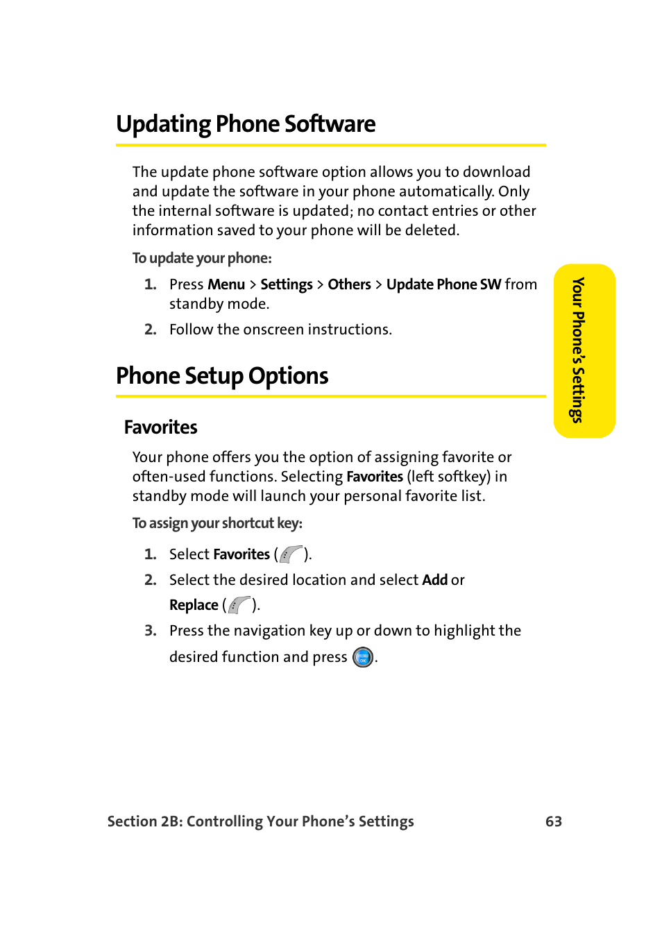 Updating phone software, Phone setup options, Favorites | Samsung SPH-A960TSSXAR User Manual | Page 87 / 272