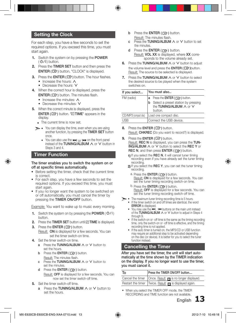 Setting the clock, Timer function, Cancelling the timer | Samsung MX-E650CB-ZA User Manual | Page 13 / 19