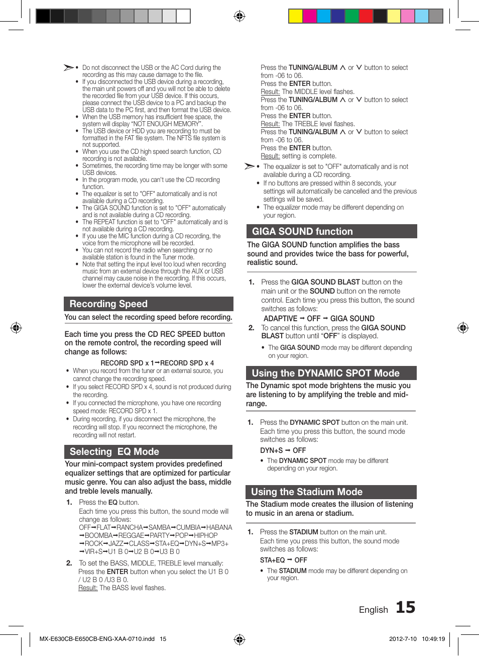 Recording speed, Selecting eq mode, Giga sound function | Using the dynamic spot mode, Using the stadium mode | Samsung MX-E650CB-ZA User Manual | Page 15 / 19