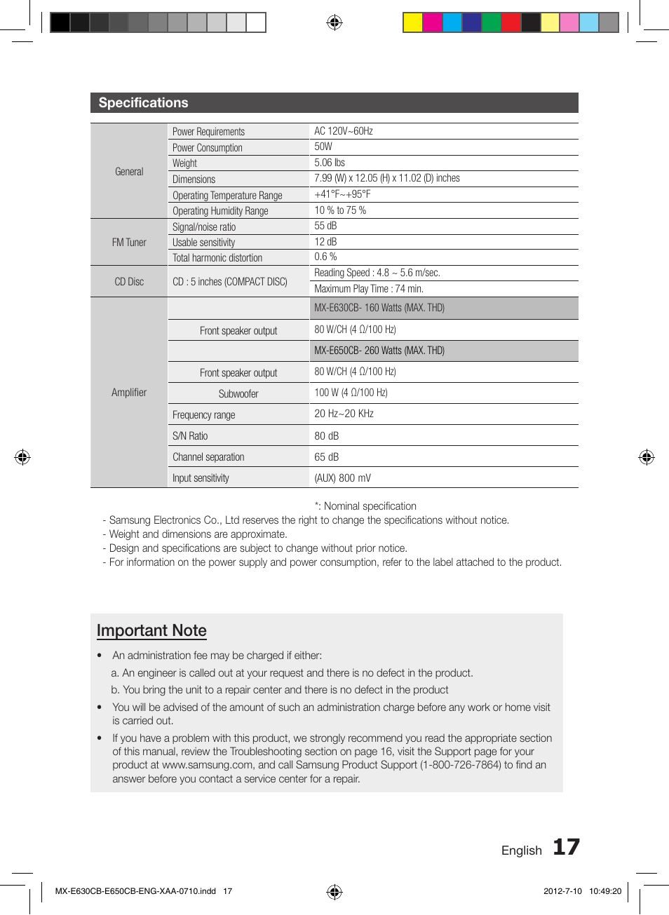 Specifications | Samsung MX-E650CB-ZA User Manual | Page 17 / 19