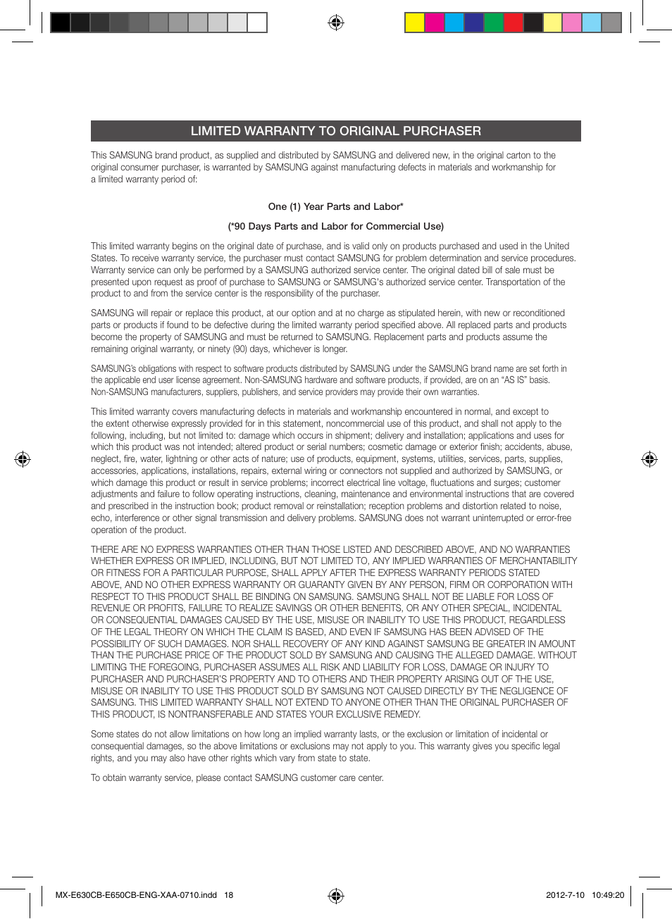 Limited warranty to original purchaser | Samsung MX-E650CB-ZA User Manual | Page 18 / 19