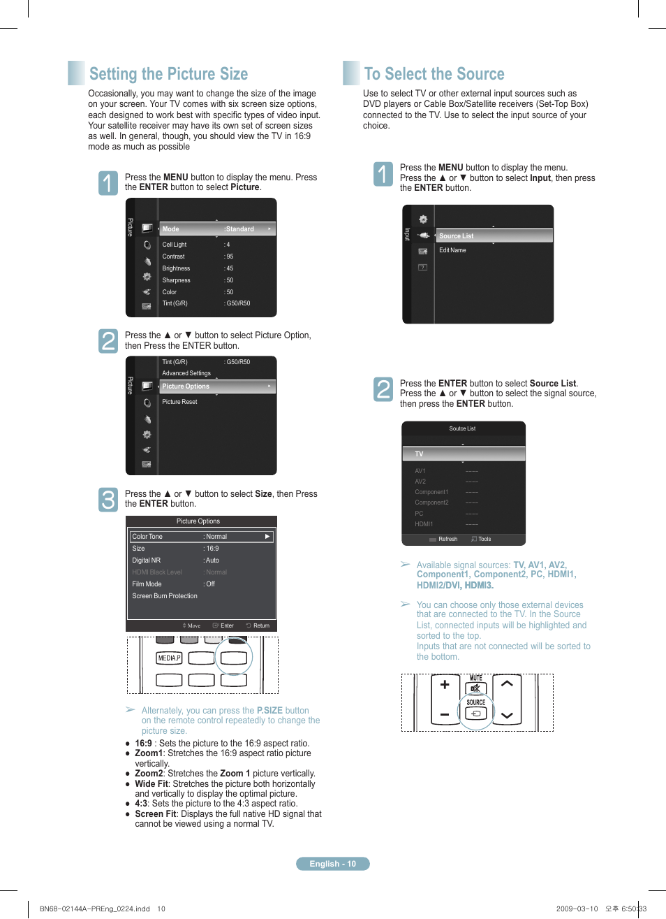 Setting the picture size | Samsung PN58B540S3FXZA User Manual | Page 10 / 12