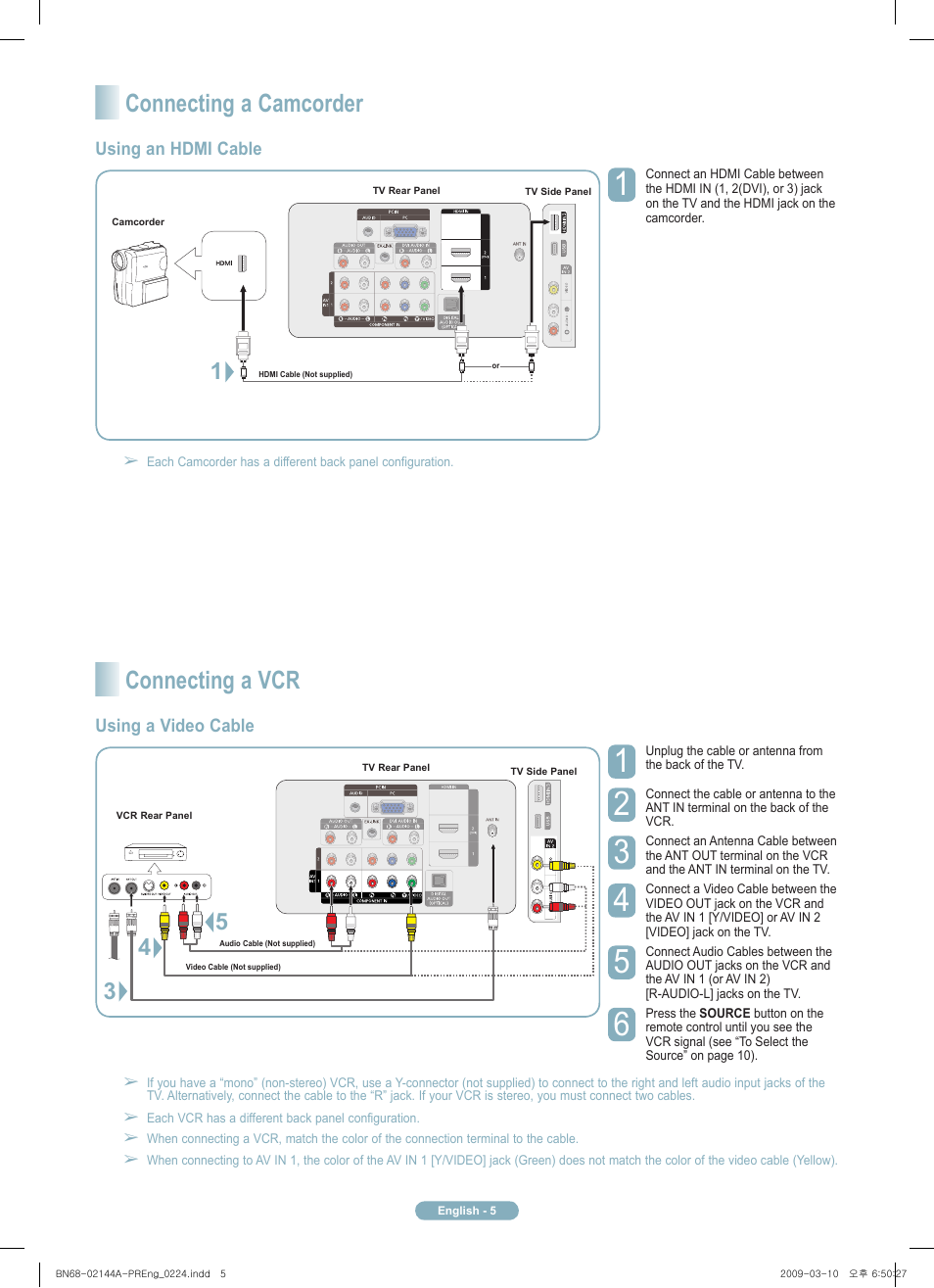 Connecting a vcr, Connecting a camcorder | Samsung PN58B540S3FXZA User Manual | Page 5 / 12