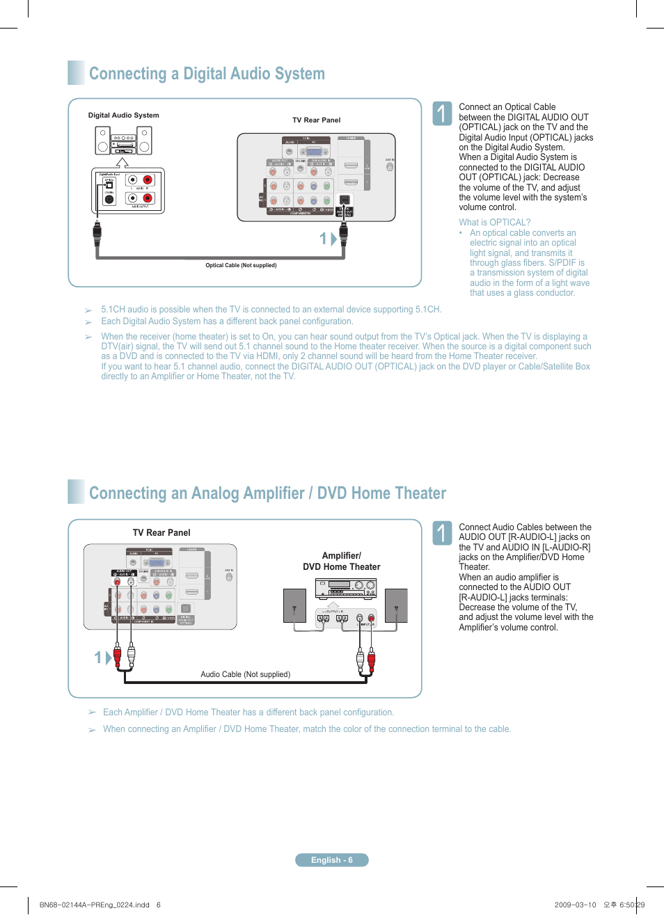 Connecting a digital audio system, Connecting an analog amplifier / dvd home theater | Samsung PN58B540S3FXZA User Manual | Page 6 / 12