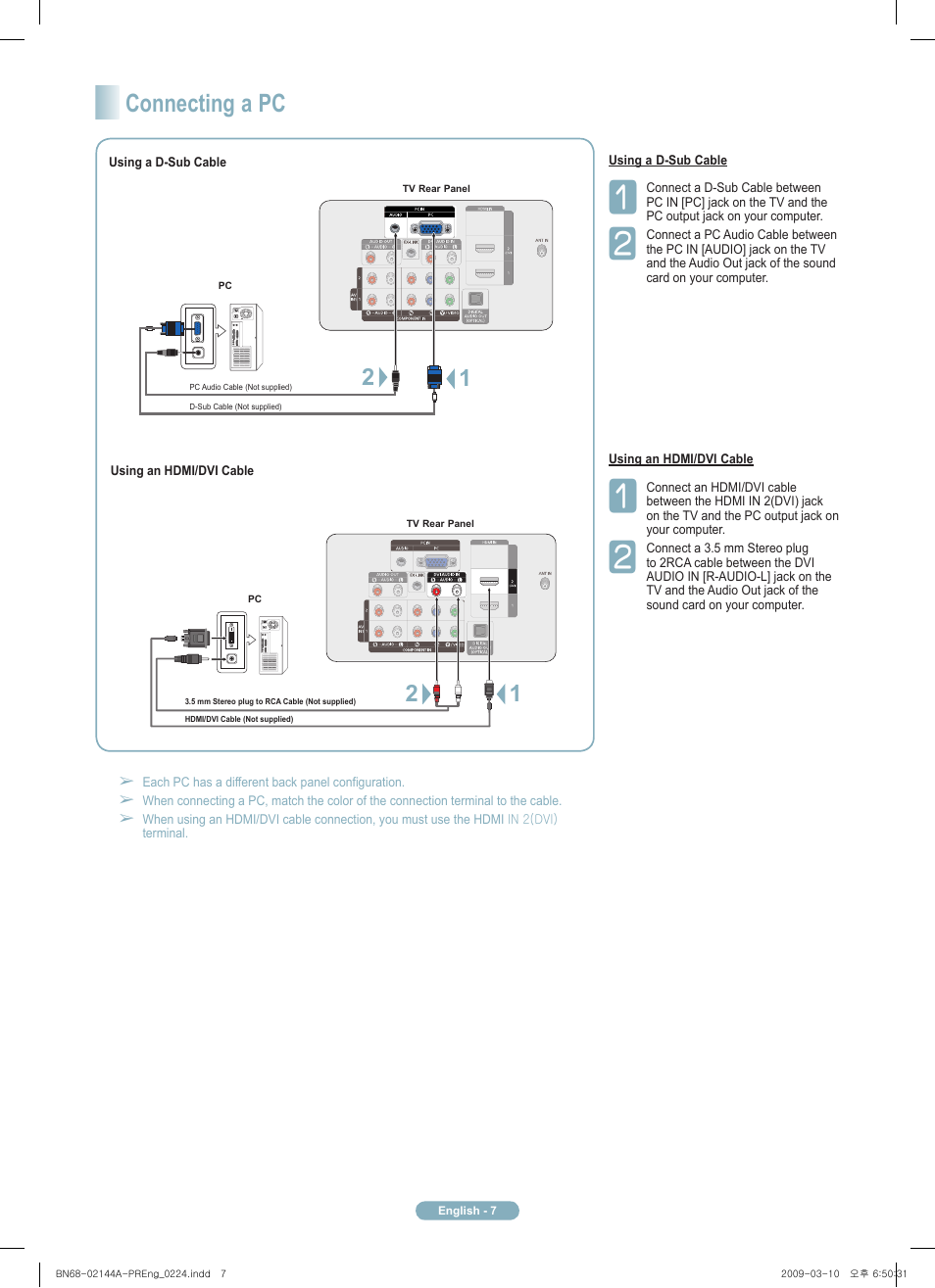 Connecting a pc | Samsung PN58B540S3FXZA User Manual | Page 7 / 12