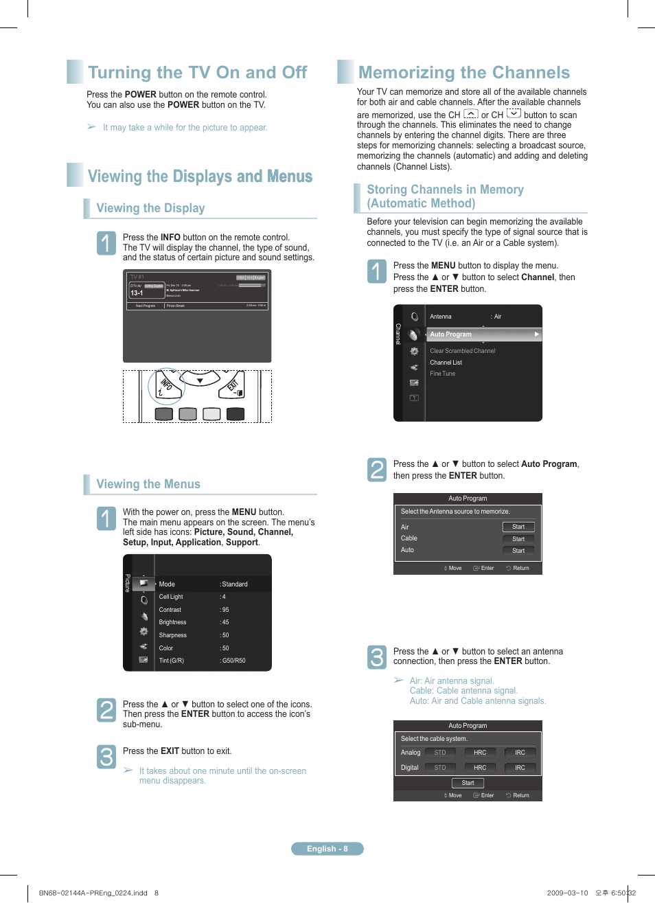 Viewing the display, Viewing the menus | Samsung PN58B540S3FXZA User Manual | Page 8 / 12