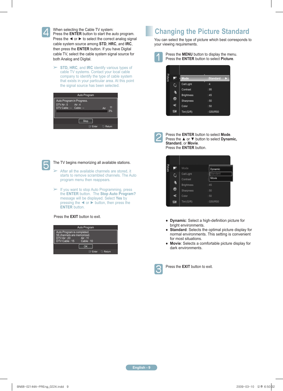 Changing the picture standard | Samsung PN58B540S3FXZA User Manual | Page 9 / 12