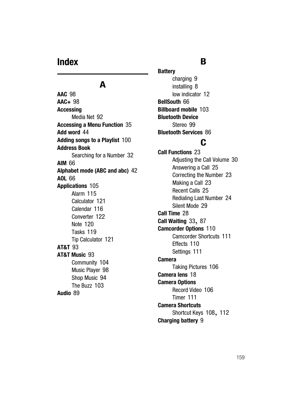 Index | Samsung SGH-A517ZKAATT User Manual | Page 159 / 162