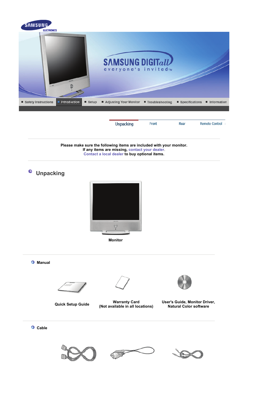 Unpacking, Front | Samsung LS19RTUSSZ-XAZ User Manual | Page 10 / 57