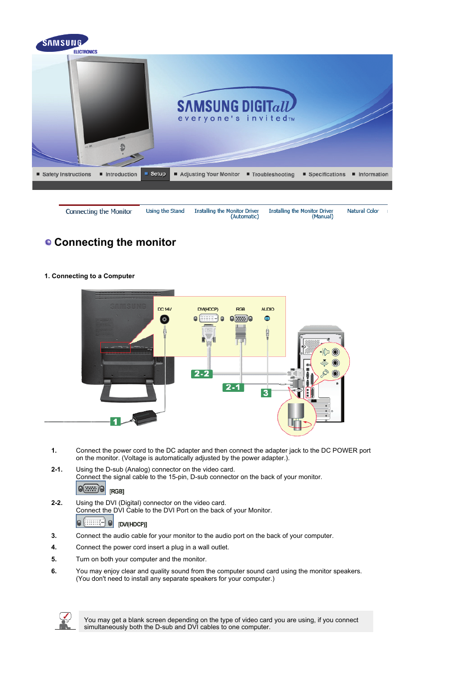 Setup, Connecting the monitor, Connecting to other devices | Samsung LS19RTUSSZ-XAZ User Manual | Page 18 / 57