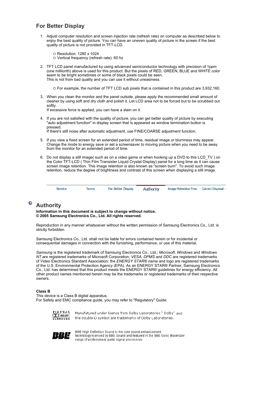 Authority, Image retention free, For better display | Samsung LS19RTUSSZ-XAZ User Manual | Page 54 / 57