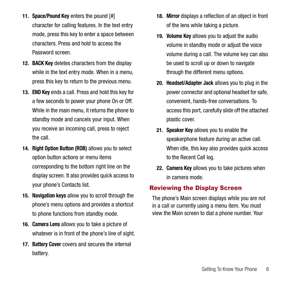 Reviewing the display screen | Samsung SPH-M310ZKAVMU User Manual | Page 11 / 94