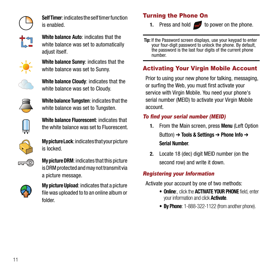 Turning the phone on, Activating your virgin mobile account, To find your serial number (meid) | Registering your information | Samsung SPH-M310ZKAVMU User Manual | Page 14 / 94