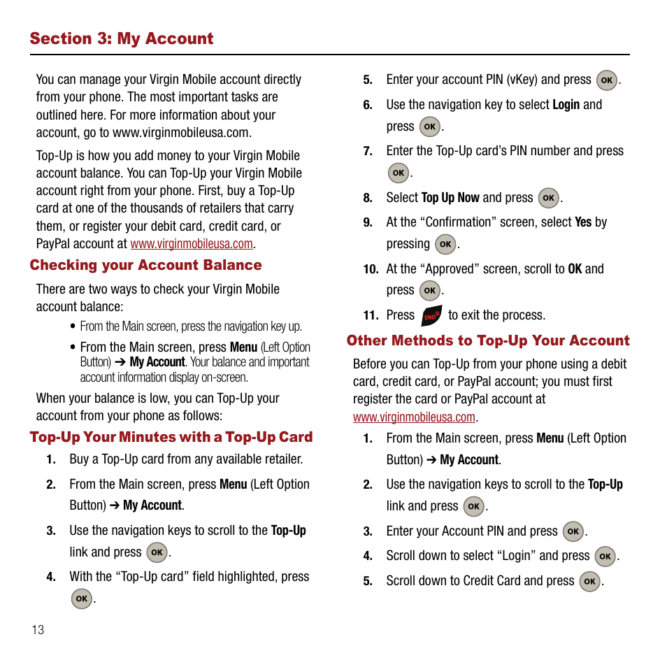 Section 3: my account, Checking your account balance, Top-up your minutes with a top-up card | Other methods to top-up your account | Samsung SPH-M310ZKAVMU User Manual | Page 16 / 94