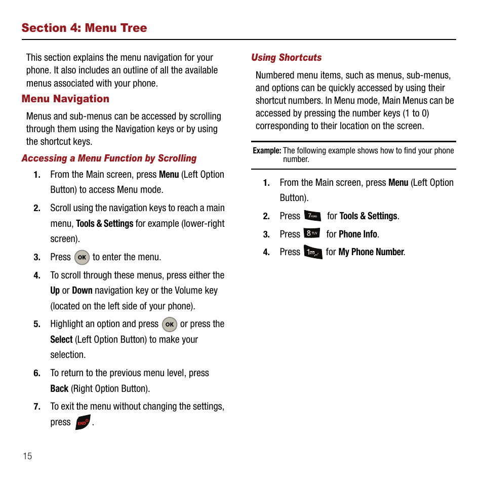 Section 4: menu tree, Menu navigation, Accessing a menu function by scrolling | Using shortcuts | Samsung SPH-M310ZKAVMU User Manual | Page 18 / 94