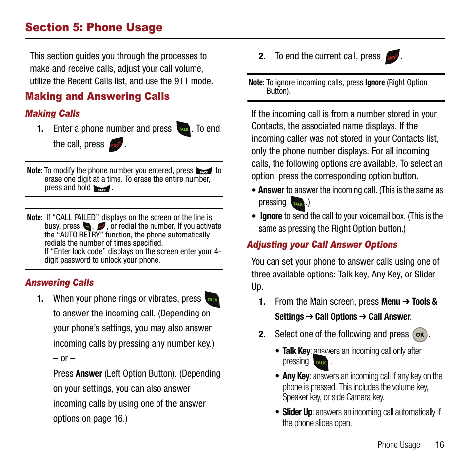 Section 5: phone usage, Making and answering calls, Making calls | Answering calls, Adjusting your call answer options | Samsung SPH-M310ZKAVMU User Manual | Page 19 / 94