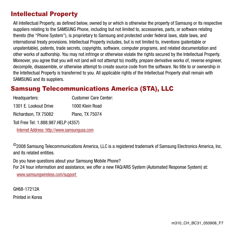 Intellectual property, Samsung telecommunications america (sta), llc | Samsung SPH-M310ZKAVMU User Manual | Page 2 / 94